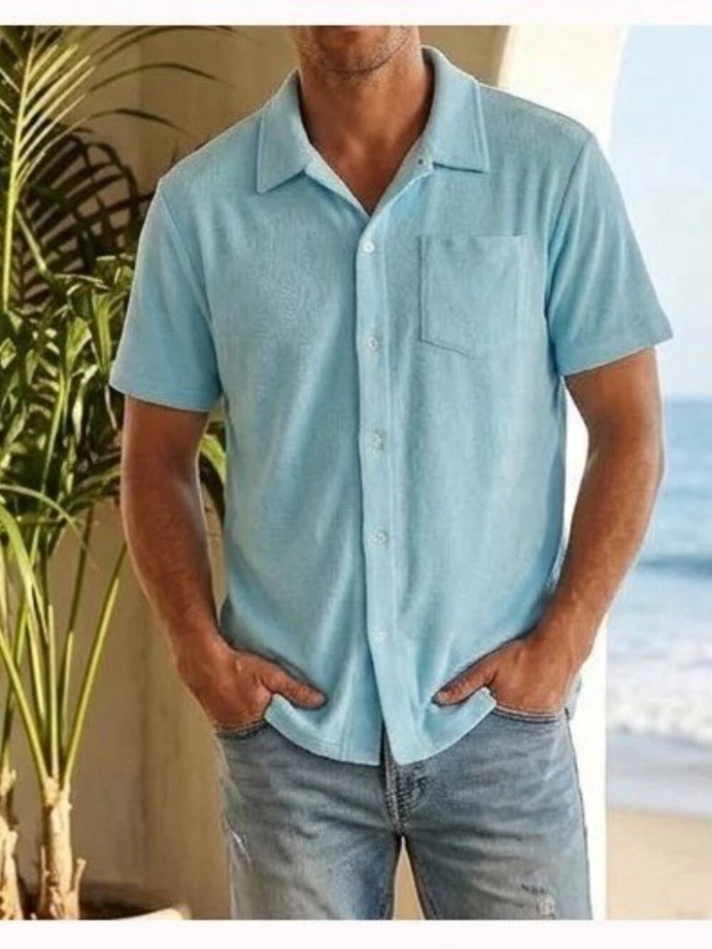 Criquet Terrycloth Buttondown Men's Shirt Collared Short Sleeves Solid M 290786